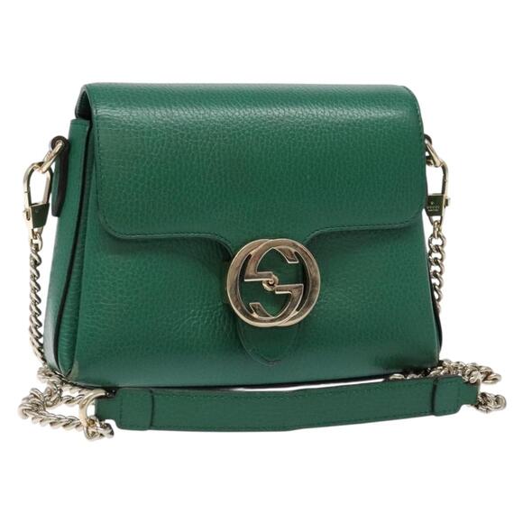 GUCCI Interlocking G Chain Bag Leather Outlet Green Gold - Picture 1 of 16